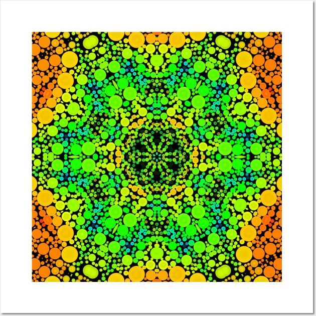 Dot Mandala Flower Blue Orange Yellow and Green Wall Art by WormholeOrbital